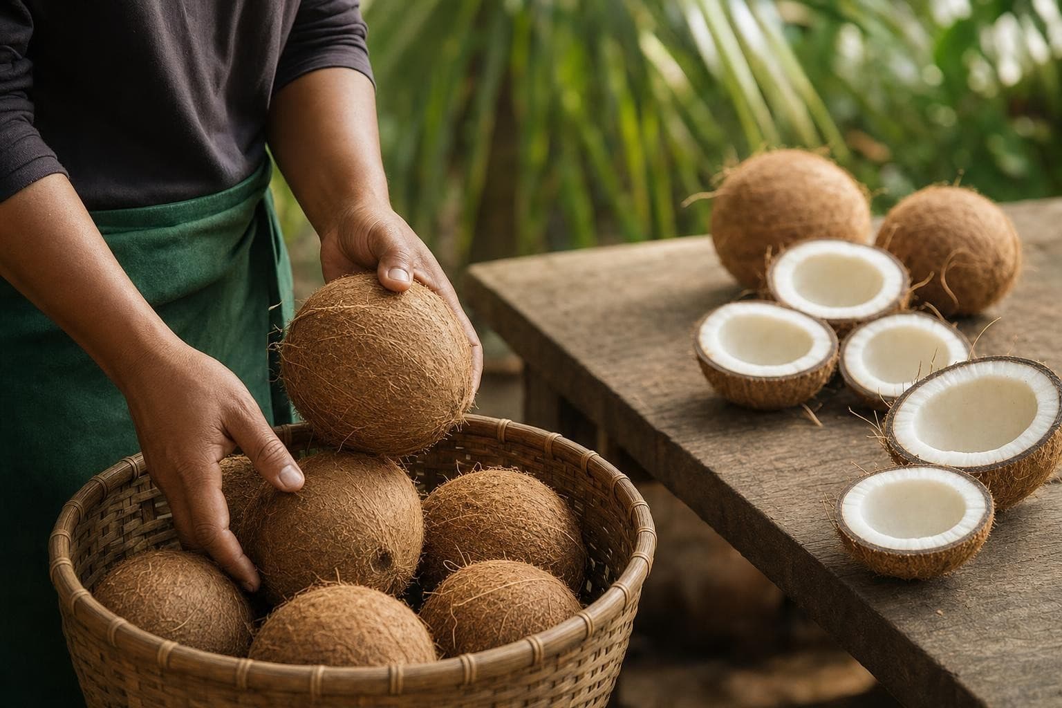 Hands selecting coconuts from a woven basket beside a clean preparation table